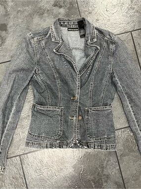 Dkny Women's Gray Denim Blazer Jacket with Patch Pockets